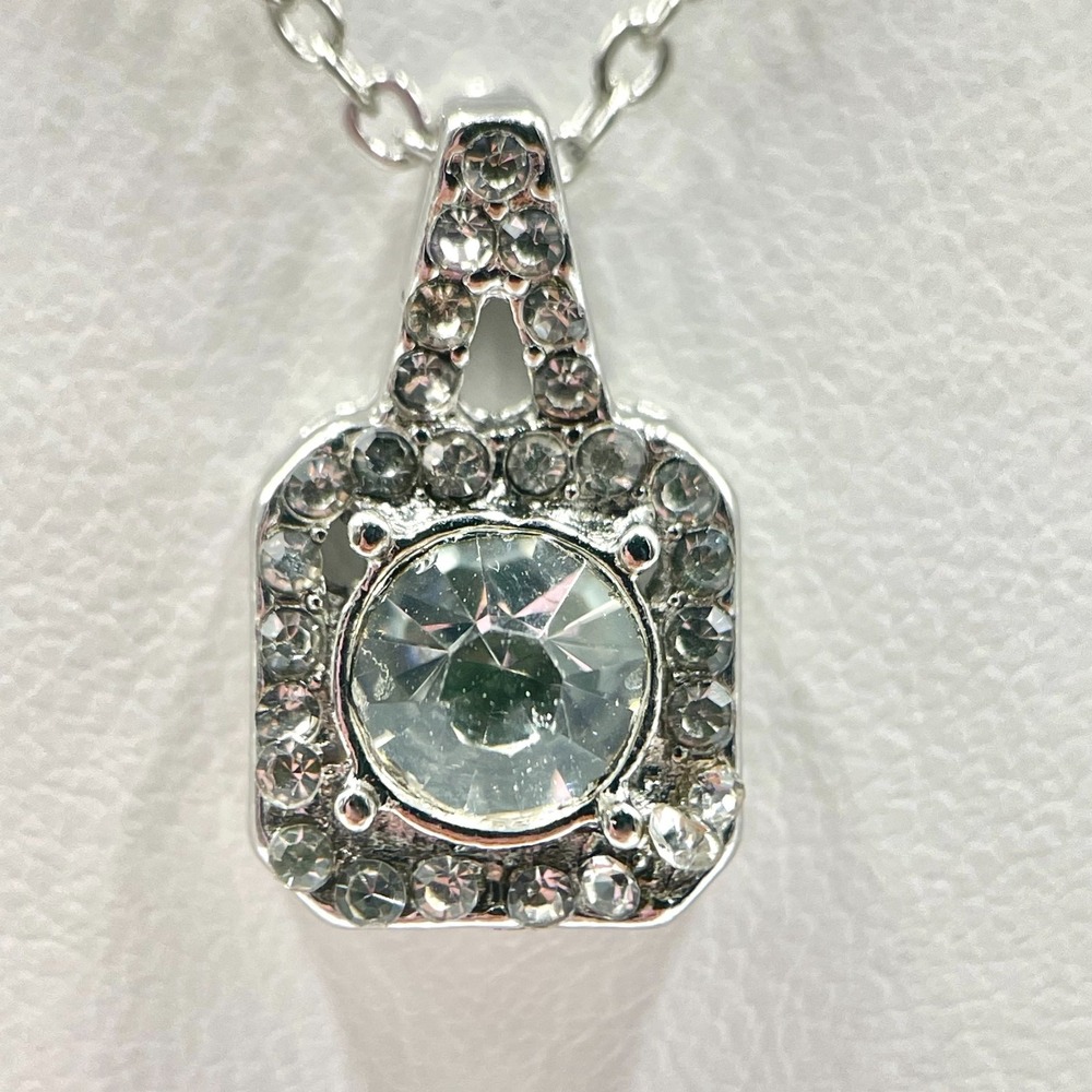 Vintage Silver Tone Crystal Square Halo Pendant Necklace Y2K Pave Rhinestone
